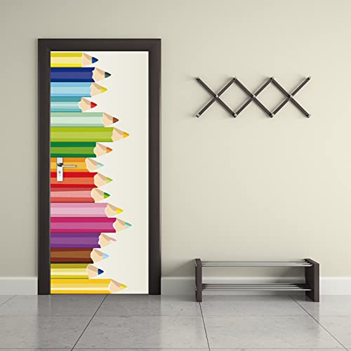 3d Türtapete Selbstklebend Buntstifte Türposter Fototapete, Schlafzimmer Wohnzimmertür Aufzug Tür Aufkleber B90 x H200cm