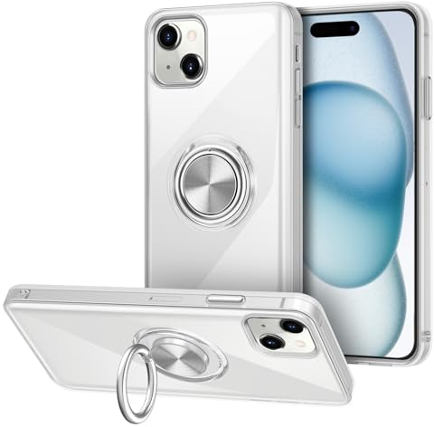 Vunake for iPhone 15 Case with Ring Holder iPhone 15 Phone Case Anti-Yellowing Clear Case Soft TPU Shockproof Bumper 360° Rotatable Metal Plate Protective Case for iPhone 15 6.1 inch,Transparent