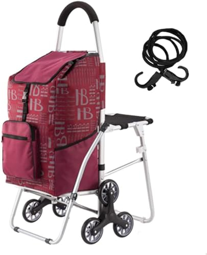 HESHS Einkaufstrolley Treppensteiger Mit Sitz,6 Räder Für Alte Menschen Treppensteiger Klappbar Einkaufstrolley,Stabil Shopping Trolley Bag,Rot