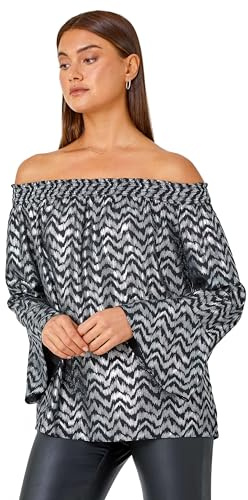 Roman Bardot Top Off Shoulder Blouse for Women UK - Ladies Floral Print Shirt Palm Leaf Tropical Ditsy Cold Shoulder Jersey Frill Cuff Summer Spring Holiday Silver