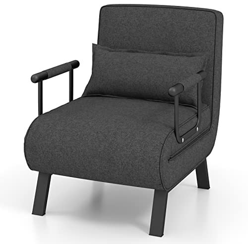 RELAX4LIFE Folding Sofa Bed, 4-in-1 Convertible Lounge Recliner Sleeper with 6-Position Adjustable Backrest and Removable Pillow, Upholstered Single Sofa Chair Guest Bed for Home Office (Dark Grey)