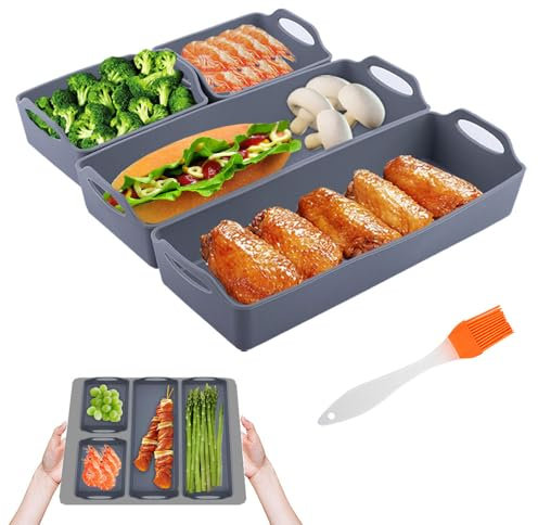4 Pcs Silicone Baking Sheet Pan Dividers with Silicone Oil Brush, Sturdy Heatproof Handles Nonstick Tray Nonstick Divided Sheet Pan for Oven Microwave Fridge Dishwasher Safe (Grey)