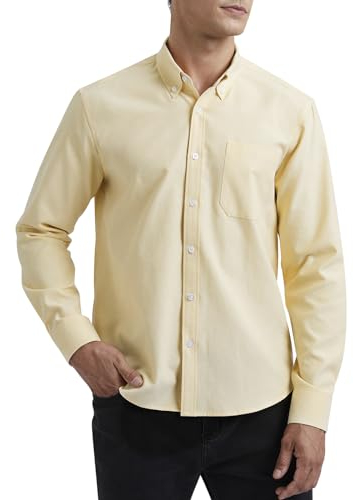 HISDERN Men's Long Sleeve Oxford Shirt Light Yellow Button Down Smart Dress Shirt with Pocket Regular Fit L