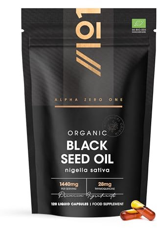 Organic Black Seed Oil Capsules 1440mg - 120 Vegan Softgels - High Strength 3X% Thymoquenine - Ethiopian Nigella Sativa - 2 Months Supply - Cold Pressed Virgin Oil - by Alpha01
