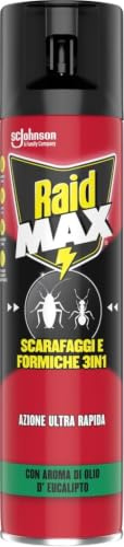 Raid Max Scarafaggi e Formiche 3 in 1 Insetticida Spray Eucalipto 1 x 400ml | Efficace per 4 Settimane, Funzionante all'Interno e all'Esterno