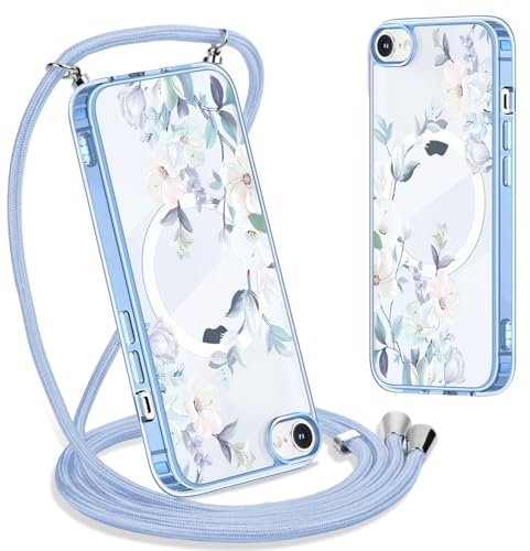 Xylota Handyhülle Handykette für iPhone 8/7/SE 2020/SE2022 4,7 Hülle mit Band,Transparent Magnetisch Case Kompatibel mit Magsafe,Silikon Stoßfest Schutzhülle Kordel Cover mit Aesthetic Muster Blumen3