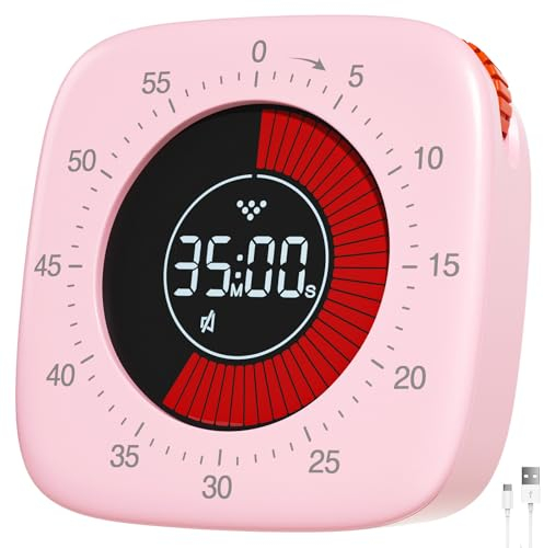 Dealswin Minuteur Visuel Rechargeable, Timer Numérique avec 4 Modes d'alarme, Minuteurs Compte à Rebours de 60 Minutes Timer Enfant Minuterie visuelle pour Enfants Apprentissage Cuisine(Rose)