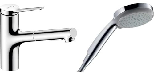 hansgrohe Zesis M33 - Mitigeur de cuisine avec douchette extractible, 2 jet & Croma 100 - Pommeau de douche 4 types de jet, Douchette à main ronde (diamètre 100 mm)