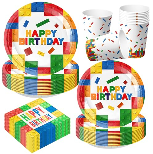 50 Stück Baustein Partygeschirr Set,Partygeschirr Geburtstag,Kindergeburtstag Geschirr Set,Kindergeburtstag Deko,Baustein Geburtstag Deko,Mit Teller Becher Servietten,Party Geschirr für 10 Gäste