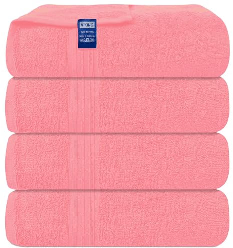 Viking Badetücher Set (4 Stück) Größe 70 x 140 cm - 500 GSM 100% Baumwolle Weiche Badetücher, Schnelltrocknend, Hochsaugfähig, Perfekt für Hotels, Spas und Zuhause (Rosa)