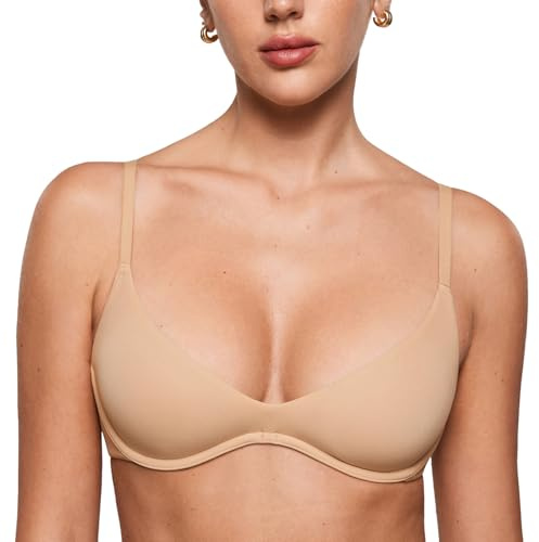 INLYRIC Women's Inbarely Plus Plunge Bra Scoop Neck Unlined Underwire Sexy Demi Balconette Bras Warm Beige 34E