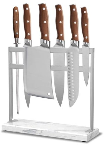 Magnetic Knife Stand Block with Marble Base, Double-sided Stainless Steel Magnets for Countertop. Magnetic Knife Holder for Kitchen Storage 12White