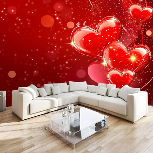 3D Papier Peint Panoramique Tapisserie Intissé Murales Thème Romantique Coeur D'Amour Rouge, Papier Peint Enfant pour Salon Chambre Décoration Murale, Papier Peint 200x140 cm Chambre Enfant