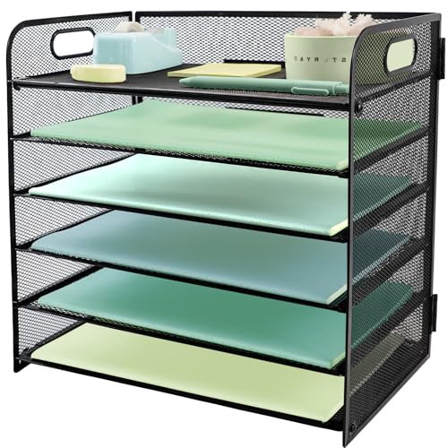 IOUGDSEC Paper Letter Tray with Handle, 5 Tier Metal Mesh Desk File Organizer, A4 Paper Desktop Filing Trays, Desk Tidy Magazie Document Holder for Home Office, Black
