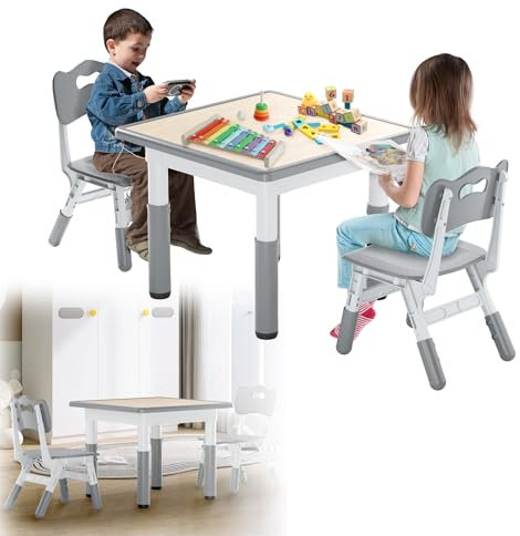 HENGMEI Kindertisch 2 Stühlen Set, Plastik Schreibtisch Spieltisch Kinderzimmer Möbel, Höhenverstellbar Kinder Tisch Stuhl Set, Sitzgruppe Innen für Kleinkinder, Mädchen und Jungen, Grau (60x60cm)