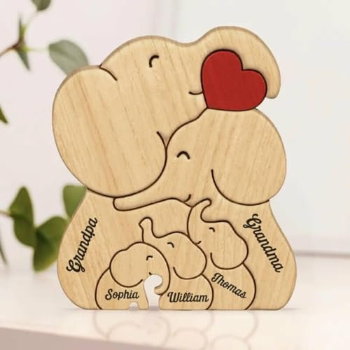 Drawelry Personalisiert Bär Holzpuzzle Dekoration mit 2–8 Familien Umarmen Namen Gravur Statue Ornamente Holz Tier Skulptur Puzzles Home Dekor Geschenke für Familie Freund Paar Papa Mama (A1)