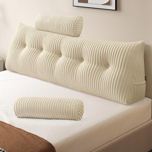 Z-hom Bücherkissen, Keilkissen, Lesekissen Für Bett Und Sofa, Cozy Rückenkissen, Praktisches Seitenfach, Removable Cover, Mit Rundem Kopfkissen (Cream, 150 * 50 * 20cm)