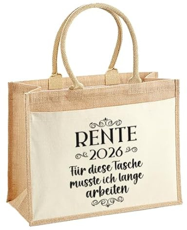 LIEBTASTISCH - Nachhaltige Jutetasche - Rente 2026 - Tasche - zum Renteneintritt - Geschenk verpackung - Pension - Mann - Frau - Lustig (L (42x33x19 cm))