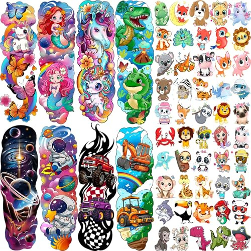 58 Stück Einhorn Meerjungfrau Temporäre Tattoos Kinder Klebetattoos Mädchen Jungen, Dinosaurier Weltraum Monstertruck Schmetterling Gesicht Fake Tattoo Aufkleber Geschenktüten Festival Must Haves