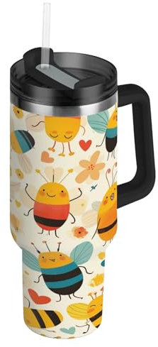 Niigeu Coeurs D'Abeilles Drôles Colorés Bouteille d'eau Isotherme avec Paille en Acier Inoxydable Gourde, Sans BPA Gourdes Eau pour Enfant Sport Randonnée École Bureau