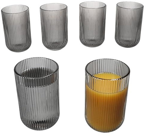 MamboCat Agata 6er Set Longdrinkgläser grau I 360 ml I mit feinem Linien-Relief I stilvolle & stabile hohe Gläser für Cocktails, Dinks, Wasser, Saft & mehr I für Feiern, den Alltag oder als Geschenk