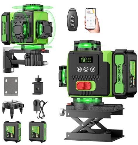 Lambluefly Nivel Laser,Nivel Laser Autonivelante 360 Grados con 2x5000mAh Batería & Indicador LED,Nivelador Laser 4 x 360 °, 4D 16 Líneas Laser Verde/APP/Control Remoto/IP54 Resistente Agua