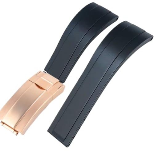 ROUREOX Weiches Silikon Armband für Herren mit Edelstahl-Druckknopf, Quick Release für Rolex Daytona Sub Oyster Yacht-Master-Schwarz + Rose Gold Schnalle 20mm