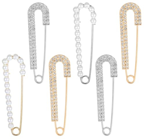 6 PCS Gold and Silver Rhinestone Brooches Decorative Safety Pins Fancy Pearl Brooch Pins for Women Faux Crystal Pearl Fashion Sweater Shawl Hat Clips for Women Clothes Dress Skirt Pants Tighten