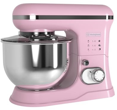 Westinghouse Batidora de pie Retro - 1200W - Tazón de cocina 5L - Robot de cocina - Batidora de cocina - Procesador de alimentos - Rosa