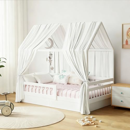 GFCC Ciel de Lit Cabane Ensemble de Décoration 2 Pièces 125 x 350 cm Blanc | Rideaux Lit Cabane Enfant Baldaquin Ciel en Tissu de Maison Chambre pour Fille Garçon