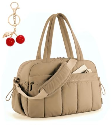 VOKUVIKU Sporttasche Damen – Große Fitness Tasche mit Kirschen Anhänger (Geschenk), Wasserdichte Weekender Reisetasche für Gym, Schwimmen, Reise, Braun