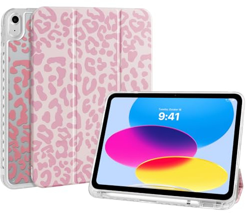 Fycyko Custodia per iPad (A16) 11a generazione 11 2025/10a generazione 2022, trasparente sul retro con portamatite e supporto trifold, custodia protettiva cute motivo rosa leopardo