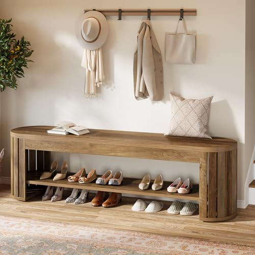 Tribesigns Schuhbank 160 cm, Sitzbank mit Schuhablage für Flur & Eingangsbereich, Garderobenbank in Holz-Optik, Lange Bettbank mit Lamellen-Beinen, Flurbank 2-stufig, Braun
