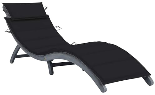 Teenpull Bain de soleil gris en bois massif d'acacia, pliable, avec coussin noir, 190 x 60 x 51 cm, pour jardin, terrasse, piscine, résistant aux intempéries, durable, grand confort