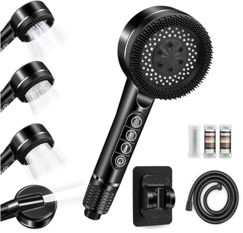 Pommeau Douche Anti Calcaire Haute Pression, Pommeau de douche avec Filtre Economie Deau, 3+1 Types de Jets Douchette Douche Salle de Bain avec Bouton D'arrêt D'eau,avec Tuyau1.5M et Support,Gris