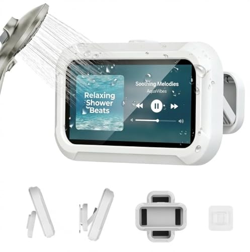 Stamlyn Shower Phone Holder Waterproof, 480° Rotation Wall Mount Phone Case, Sensitive HD Anti Fog Touchscreen Shower Phone Mount for Bathroom Kitchen Bathtub Fit 4-7 Phone (White)