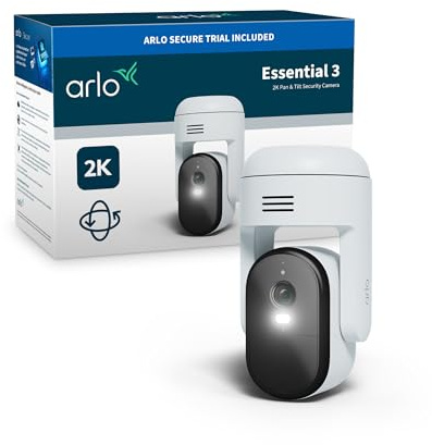 Arlo Essential 3 Pan-Tilt-Zoom Wired Security Camera Outdoor, 2K Video | 360° Auto-Tracking, 2.4/5GHz Wi-Fi, Integrated Spotlight and Alarm, Motion and Audio Alerts, 12x Zoom, Secure Trial Included