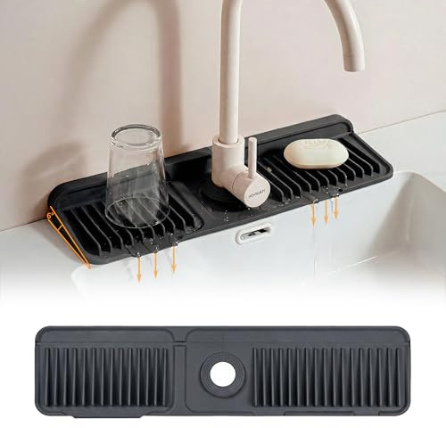 likeYue Black Silicone Faucet Mat for Kitchen Sink 60cm Foldable 6° Slope Fast Draining Splash Guard, Foldable Aucet Mat for Kitchen Sink Long Drip Catcher Drying Tray, Faucet Mat