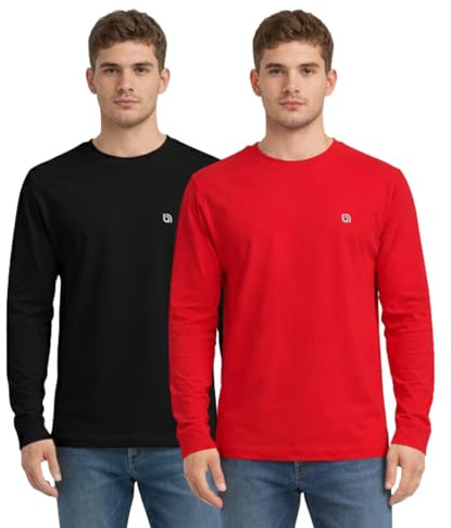 Bahob® 2 Pack Men's Long Sleeve T-Shirt Top Round Neck Full Sleeve T-Shirt Soft Cotton S-XXXL