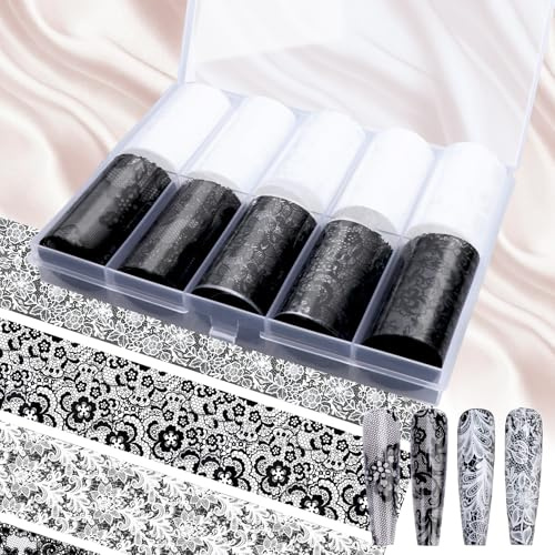 JSRQT Nail Foils Transfer Sticker, Lace Nail Foil Glue White Black Flower, 10 Rolls Foil Wraps Art Stickers Decals, Self-Adhesive Transfer Sticker for Women, DIY Starry Sky Manicure Decoration