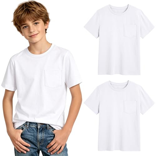 Auranso Jungen T-Shirt Kinder Kurzarm 2er Pack Rundhalsausschnitt Tshirts Sommer Tops Baumwolle Einfarbige Oberteile Weisses Tees Sportshirt