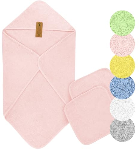 Arus Baby-Kapuzenhandtuch-Set aus Bio-Baumwolle mit 2 Baby-Waschlappen, Rosa, 90 X 90 cm
