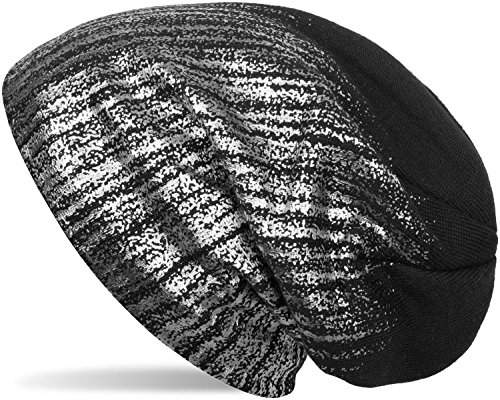 styleBREAKER warme Feinstrick Beanie Mütze mit Metallic Print und Fleece Innenfutter, Slouch Longbeanie, Unisex 04024132, Farbe:Schwarz/Silber