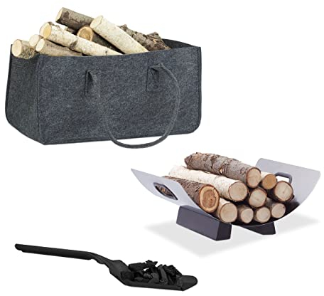 3 tlg. Kamin-Set, Kaminholztasche, Kaminholzkorb, Kohlenschaufel, Filz, Edelstahl, Stahl, faltbar, silber/schwarz/grau
