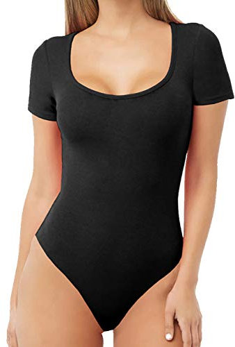 MANGDIUP Women's Scoop Neck T Shirts Basic Bodysuits Jumpsuits, Short Sleevee Black, XXL