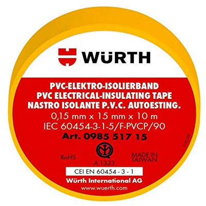 1 Nastro Isolante Giallo 15mm x 10m x 0,15mm Wurth 098551715 PVC Autoestinguente IEC RoHS Adesivo elettrico elettricista 15x10 mm/m