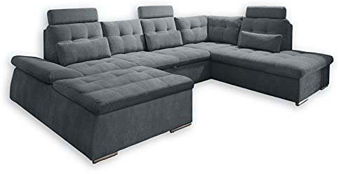 Stella Trading NALO Wohnlandschaft in U-Form, Stoffbezug Anthrazit - Ausziehbares Sofa mit Schlaffunktion und Bettkasten - 324 x 107 x 170 (218) cm (B/H/T)