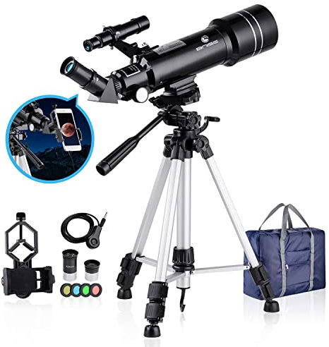 BNISE 70mm Portable Refractor Telescope, Telescopes for Kids for Astronomy for Adults Beginners, Fully Coated Glass Optics, with Adjustable Tripod Smartphone Adapter Moon Filter and Carry Bag