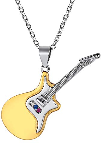 Suplight Gitarre Kette Damen 925 Silber Anhänger + Kette 18k vergoldet Elektrische Bass Gitarre Hip Hop Gitarristen Musiker Modeschmuck Accessoire Geschenk für Geburtstag