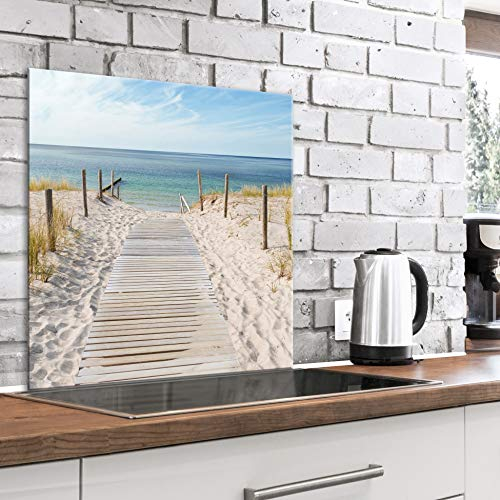 murando Glass Splashback for Kitchen Backsplash Cooker Protector Tempered Glass Decorative Wall Art Panel Heat Resistant Graphic 60x60 cm / 24x24 Landscape Sea Beach Shore c-A-0169-aq-a